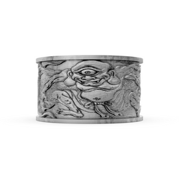 Silver cuff bracelet with intricate design on a white background