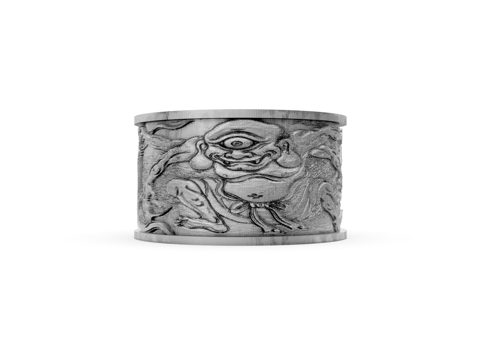 Silver cuff bracelet with intricate design on a white background