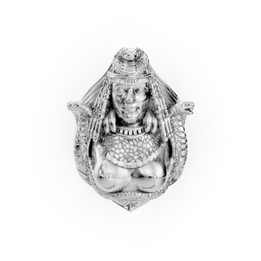 Decorative silver figurine of a seated figure with intricate detailing on a white background