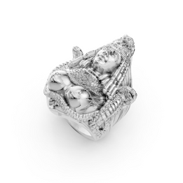 Silver ring with intricate design on a white background