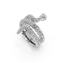 Silver ring with textured design on a white background