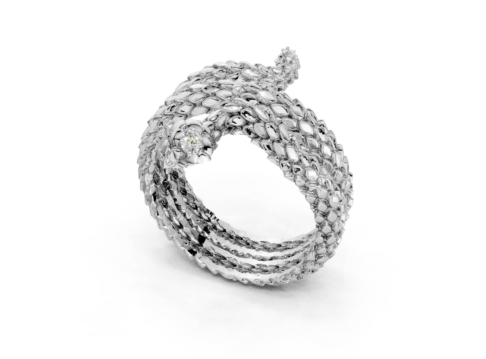 Silver ring with a textured design on a white background
