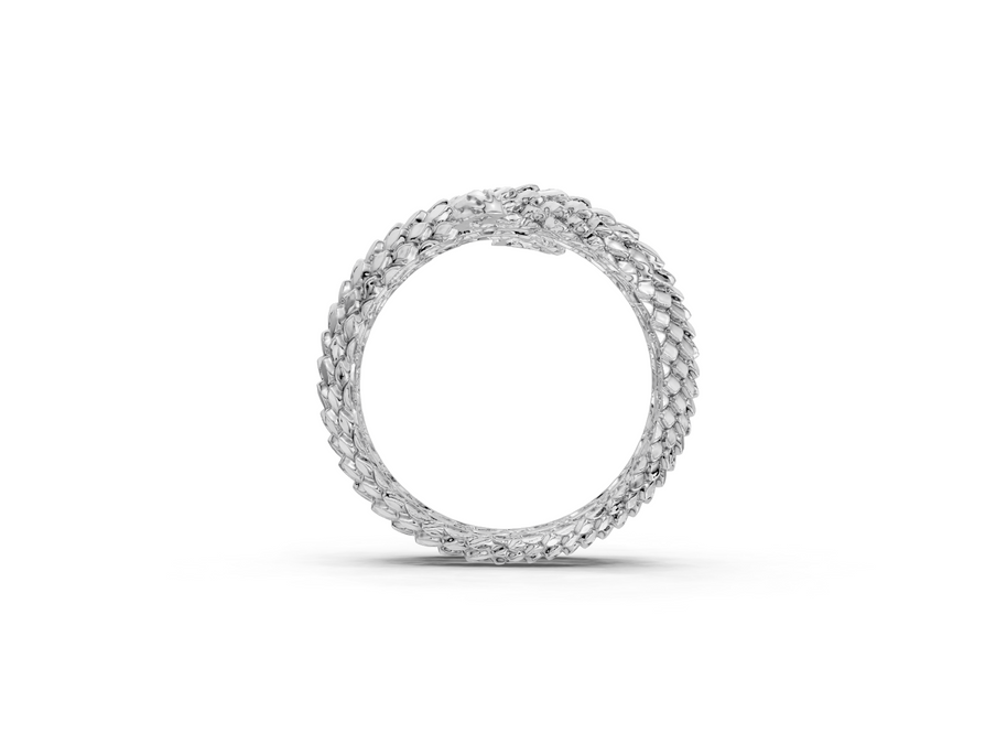 Silver ring with intricate design on a white background