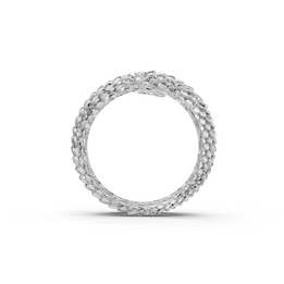 Silver ring with intricate design on a white background