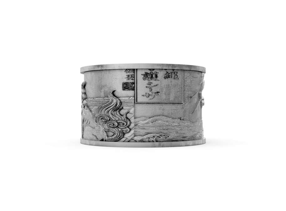 Silver bracelet with intricate designs on a white background
