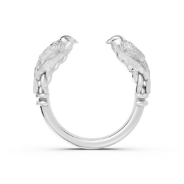 Silver ring with parrot designs on a white background