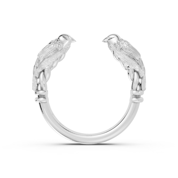 Silver ring with parrot designs on a white background