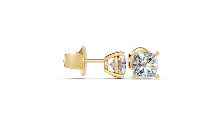 cushion studs front and side in yellow gold