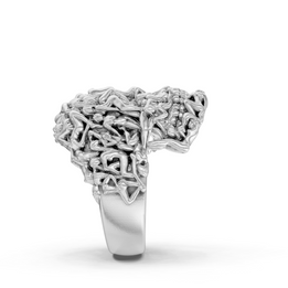 Silver ring with intricate design on a white background