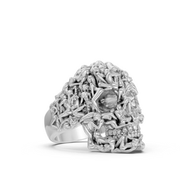 Silver ring with intricate design on a white background