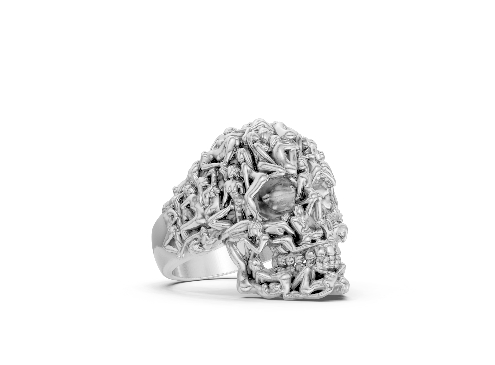 Silver ring with intricate design on a white background