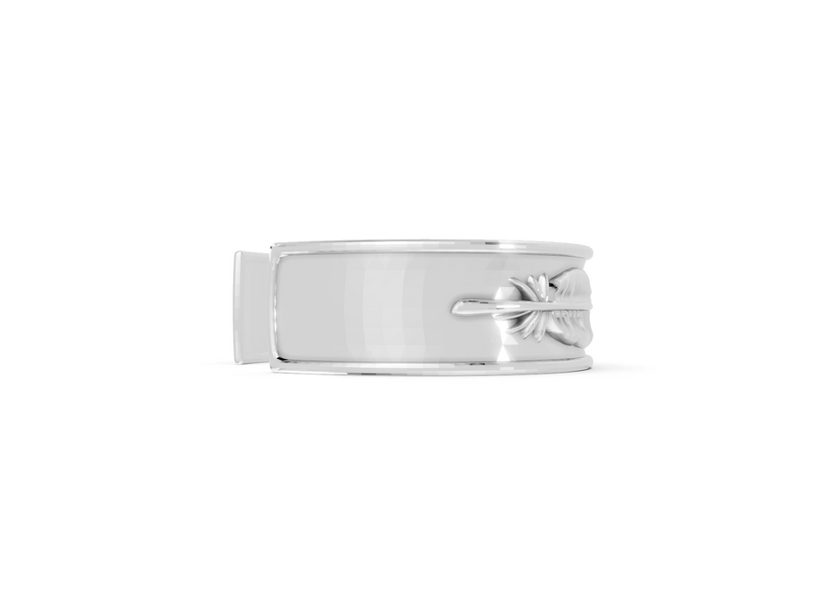 Silver money clip with a design on a white background