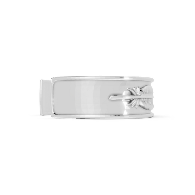 Silver money clip with a design on a white background