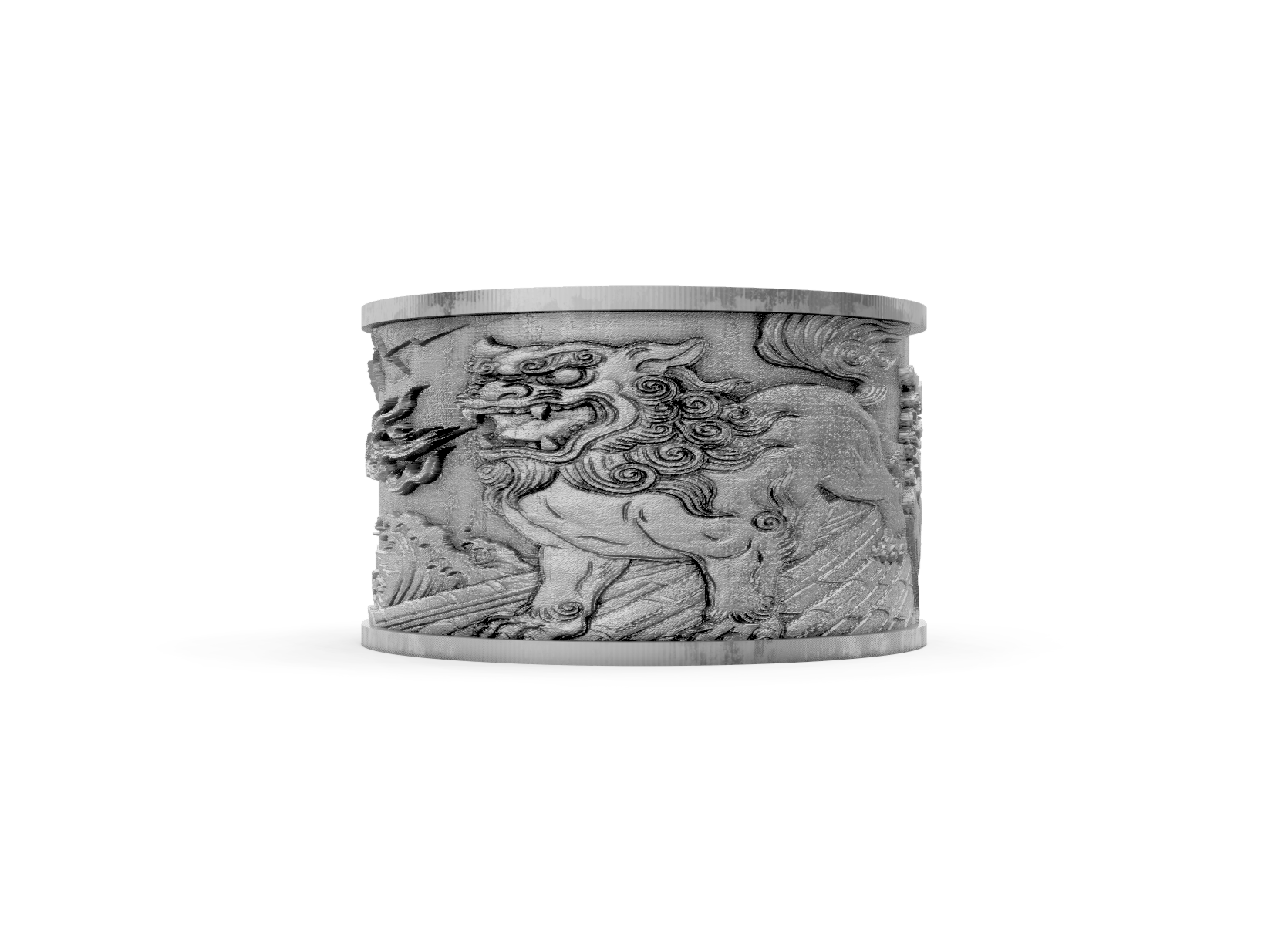 Silver bracelet with intricate designs on a white background