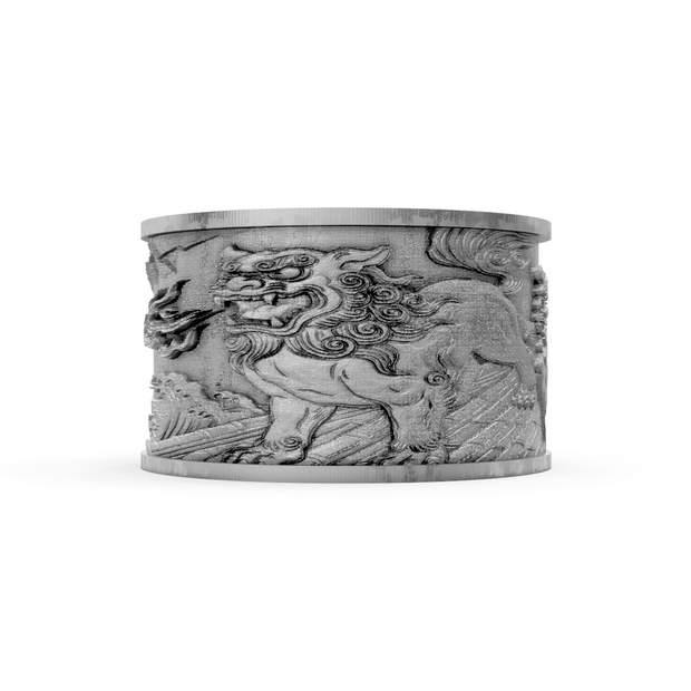 Silver bracelet with intricate designs on a white background