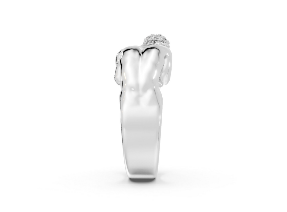 Silver ring with a heart-shaped design on a white background