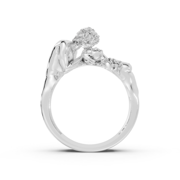 Silver ring with floral design on a white background