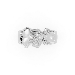 Silver ring with floral design on a white background