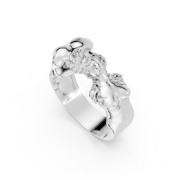 Silver ring with intricate design on a white background