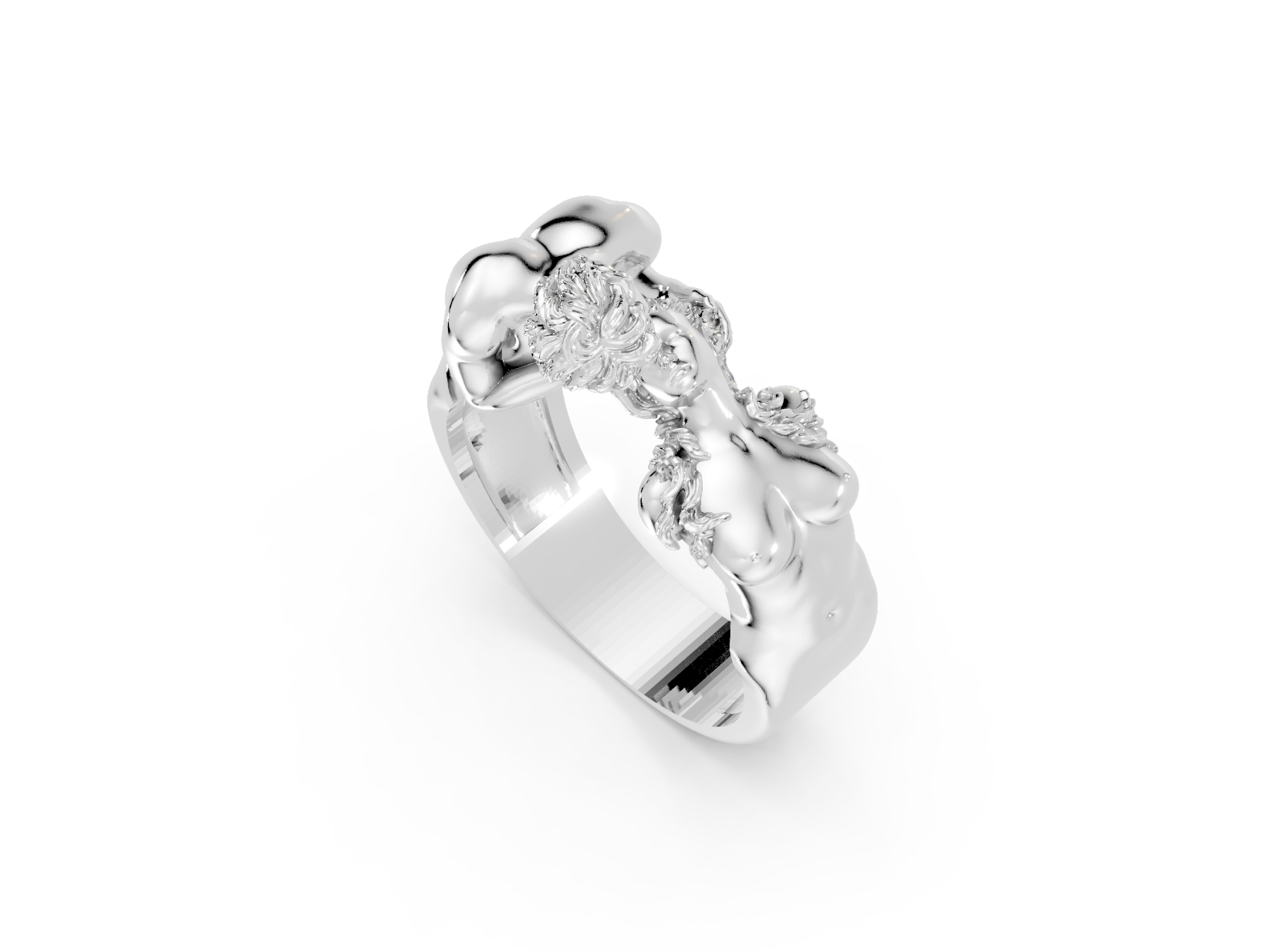 Silver ring with intricate design on a white background