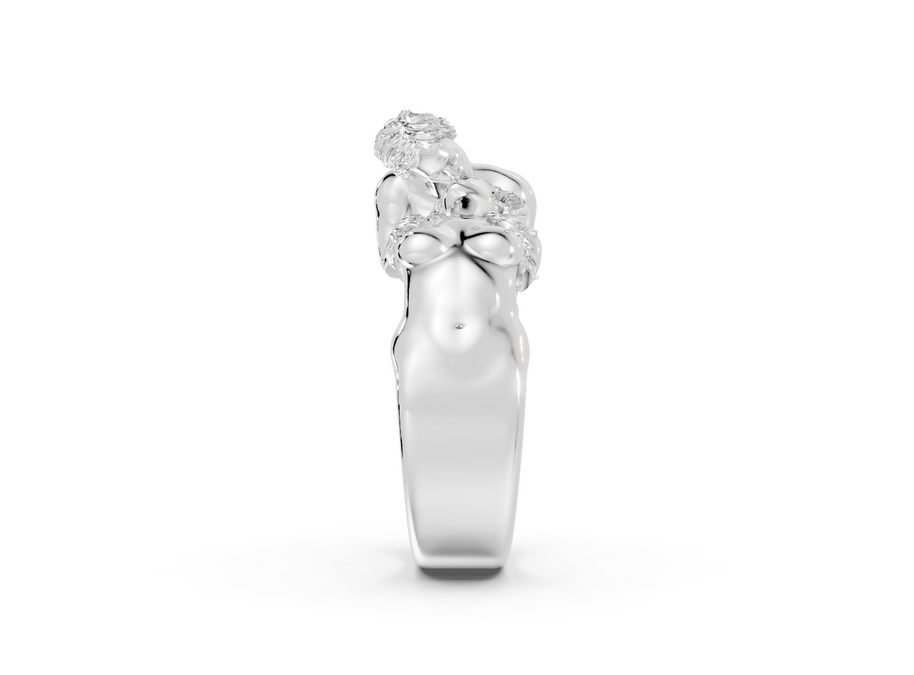 Silver ring with a bow design on a white background