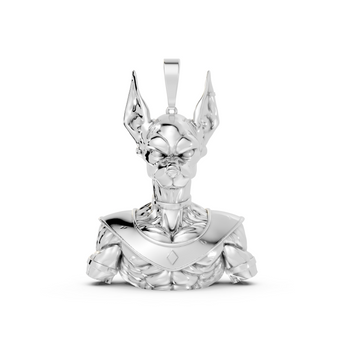 Silver pendant with a detailed design on a white background