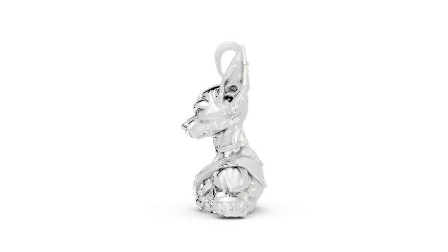 Silver pendant shaped like a cat on a white background