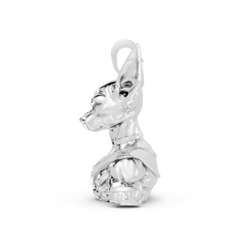 Silver pendant shaped like a cat on a white background