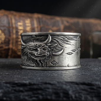 Silver ring with a detailed design on a dark surface with books and bottles in the background