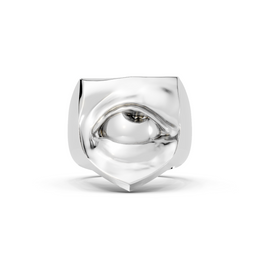 Silver ring with a unique design on a white background