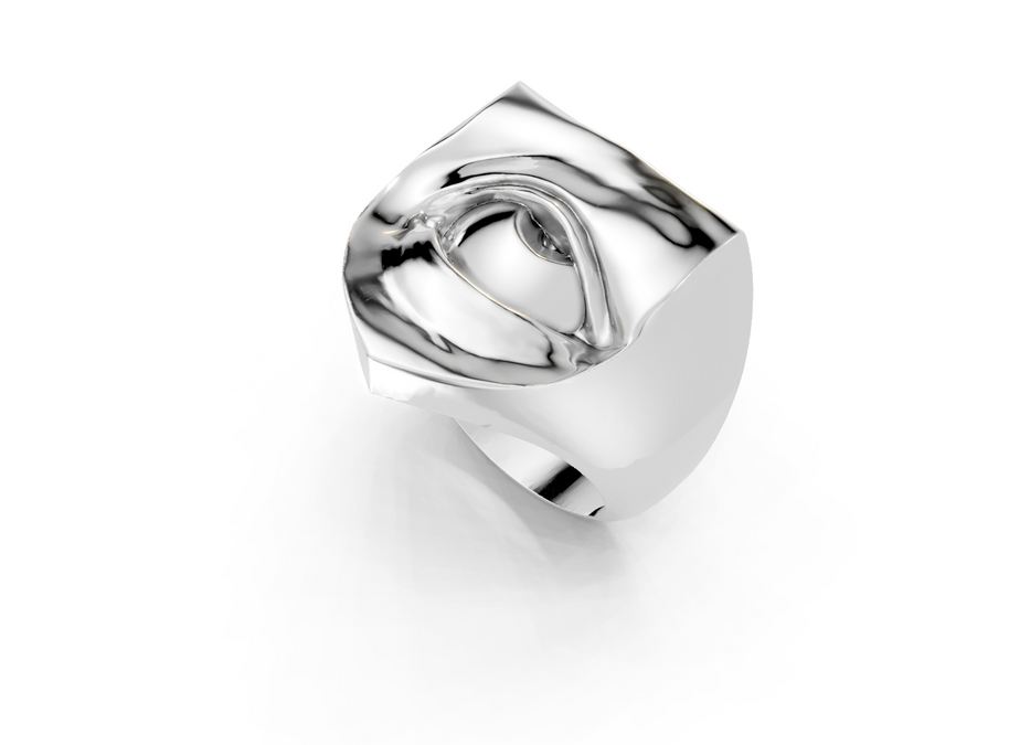 Silver ring with a unique design on a white background