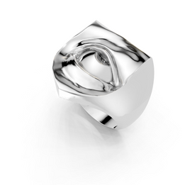 Silver ring with a unique design on a white background