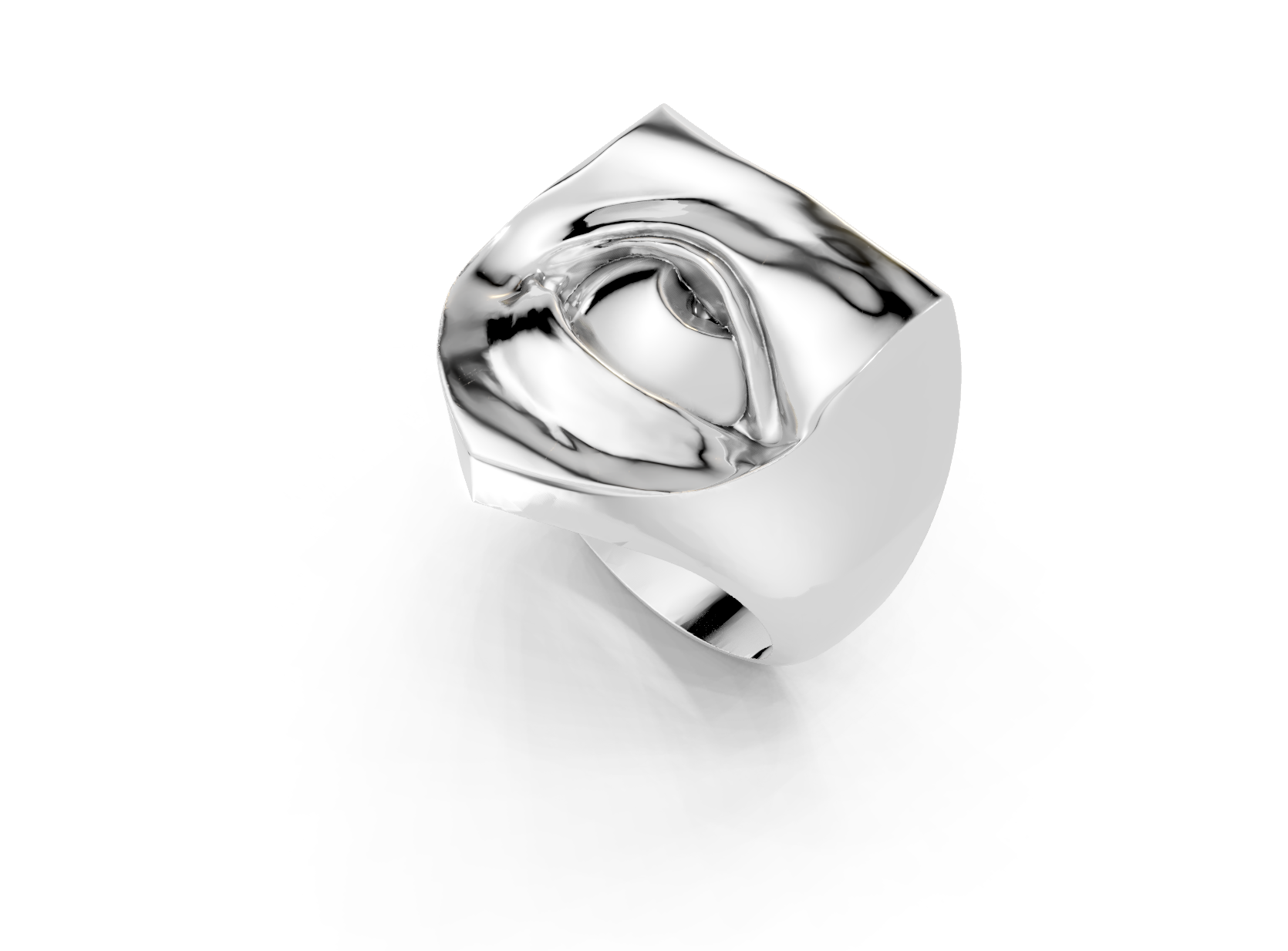 Silver ring with a unique design on a white background