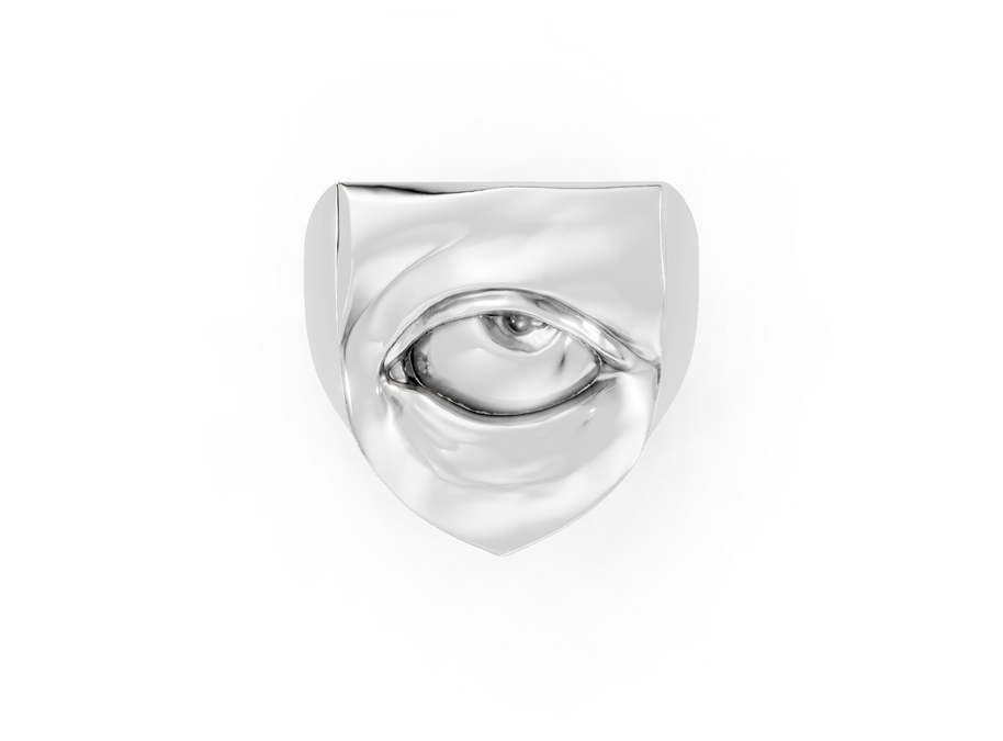 Silver eye-shaped pendant on a white background