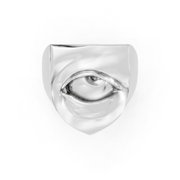 Silver eye-shaped pendant on a white background