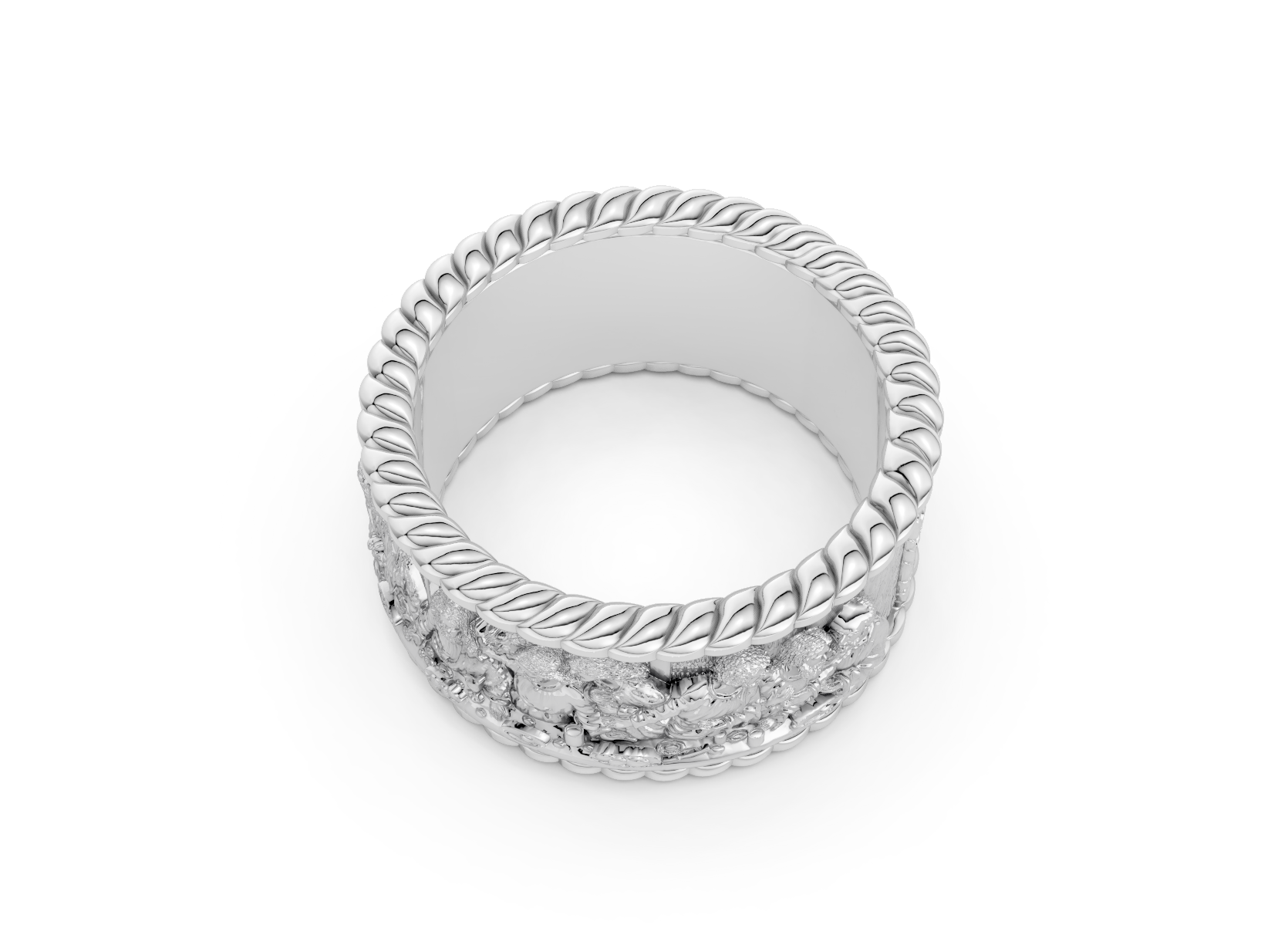Silver ring with intricate design on a white background