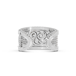 Silver ring with intricate design on a white background