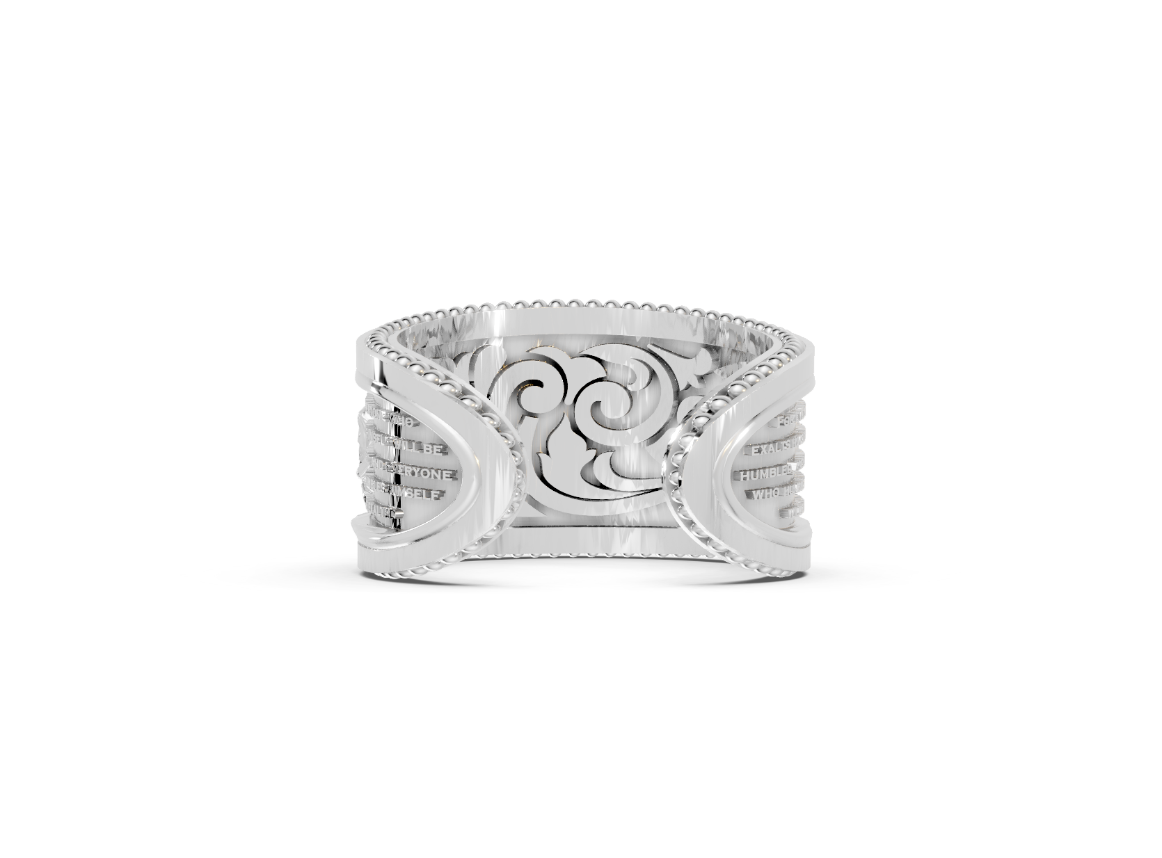 Silver ring with intricate design on a white background
