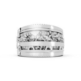 Silver ring with diamond accents on a white background