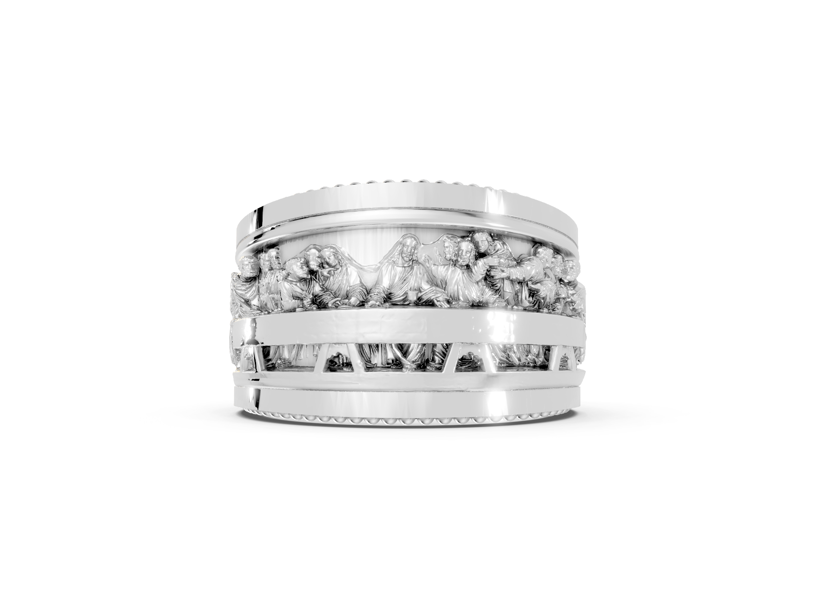 Silver ring with diamond accents on a white background