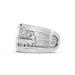 Silver ring with engraved text on a white background