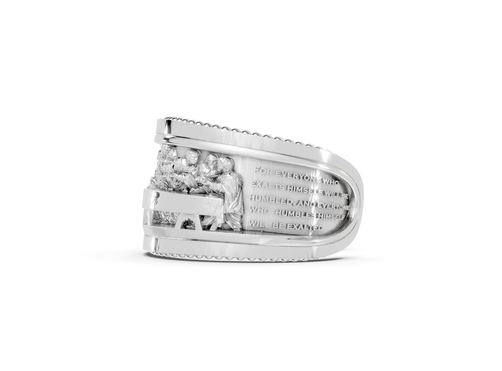 Silver ring with engraved text on a white background
