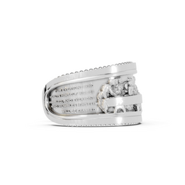 Silver ring with engraved text and design on a white background