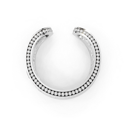 Silver hoop earring with embedded stones on a white background
