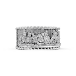 Silver ring with intricate design on a white background