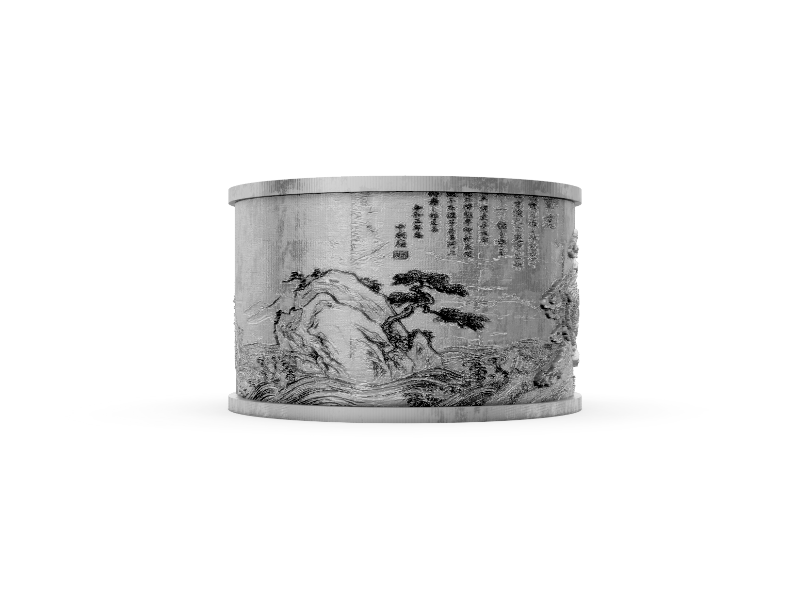 Decorative cylindrical object with engraved landscape and text on a white background
