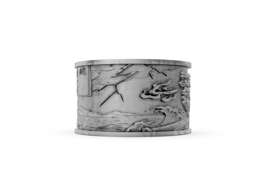 Decorative silver bracelet with intricate designs on a white background