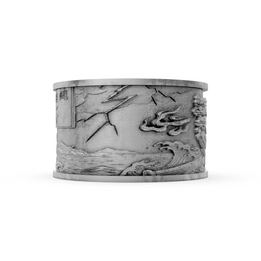 Decorative silver bracelet with intricate designs on a white background