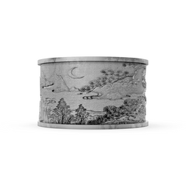 Decorative silver ring with engraved landscape design on a white background