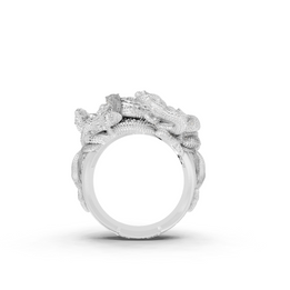 Silver ring with floral design on a white background